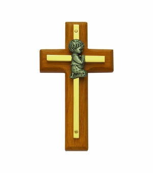 4 Inch Brass and Wood Praying Baby Boy Wall Cross
