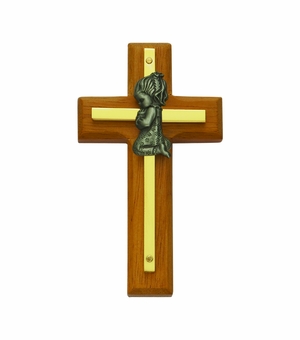 4 Inch Brass and Wood Praying Baby Girl Wall Cross