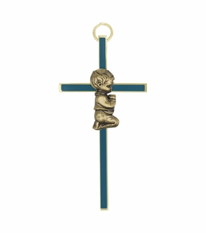 4 Inch Enameled Brass Baby Boy Wall Cross