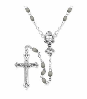 4mm Black Oval Imitation Pearl Bead Rosary with Crucifix and Chalice Center