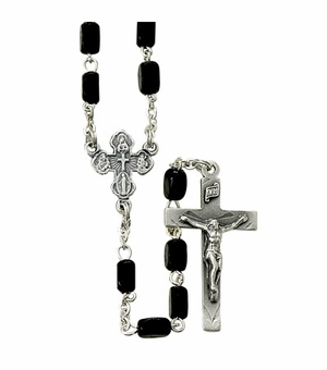 4mm Black Square Rosary Necklace with Silver Crucifix Pendant and Center