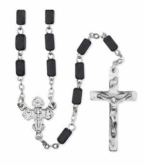 4mm Black Square Wood Bead Rosary with Crucifix and Four Way Center