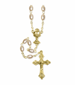 4mm Imitation Pearl Beads Rosary with Gold Plated Crucifix and Chalice Center