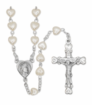 4mm Imitation Pearl Heart Bead Rosary with Crucifix and Christ Center