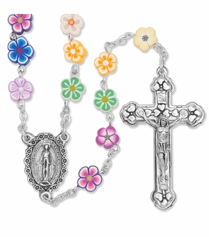 4mm Multi-Color Plastic Bead Flower Rosary with Crucifix and Miraculous Center