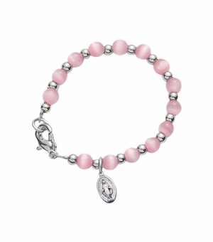 4mm Pink Glass Pearl Beads Baby Bracelet with Miraculous Charm