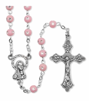4mm Pink Glass with Inlaid Cubic Zirconia Stone Centered Beads Rosary with Crucifix and Madonna Center
