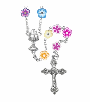 4mm Plastic Multi-Color Flower Beads First Communion Rosary with Crucifix and Chalice Center