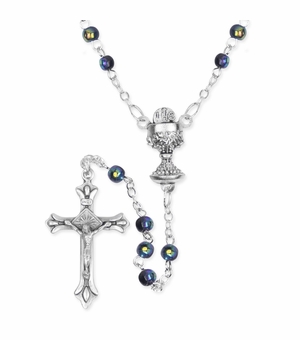 4mm Round Crystal Glass Black Bead Rosary with Crucifix and Chalice Center