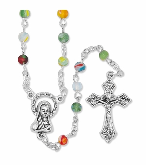 4mm Round Multi-Color Murano Glass Beads Rosary with Crucifix and Madonna Center