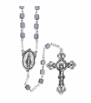 4mm Square Hematite Bead Rosary with Crucifix and Miraculous Center
