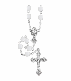 4mm Square White Glass Beads Rosary with Crucifix and Chalice Center