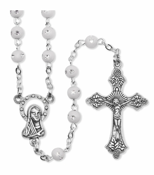 4mm White Glass with Inlaid Cubic Zirconia Stone Centered Beads Rosary with Crucifix and Madonna Center