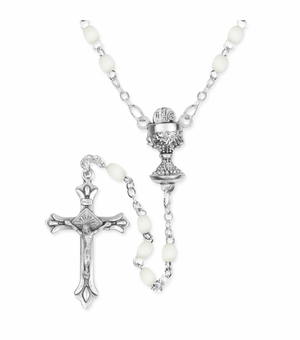 4mm White Oval Imitation Pearl Bead Rosary with Crucifix and Chalice Center