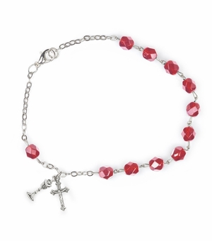 5-1/2 First Communion July Ruby Birthstone Beads Bracelet with Chalice and Crucifix Charms