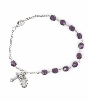 7-1/2 Inch February Rosary Bracelet with Sterling Silver Miraculous Medal and Crucifix Charms