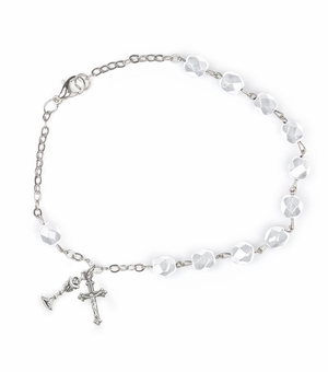 5-1/2 Inch First Communion April Diamond Birthstones Beads Bracelet w/ Chalice and Crucifix Charms