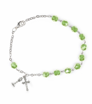 5-1/2 Inch First Communion August Peridot Birthstone Beads Bracelet with Chalice and Crucifix Charms