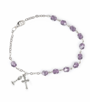 5-1/2 Inch First Communion February Amethyst Birthstone Beads Bracelet w/ Chalice and Crucifix Charms
