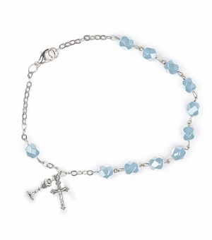 5-1/2 Inch First Communion March Aquamarine Birthstone Beads Bracelet w/ Chalice and Crucifix Charms