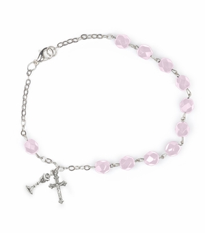 5-1/2 Inch First Communion October Rose Zircon Birthstone Beads Bracelet with Chalice and Crucifix Charms