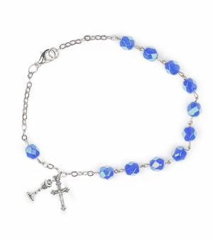 5-1/2 Inch First Communion September Sapphire Birthstone Beads Bracelet with Chalice and Crucifix Charms