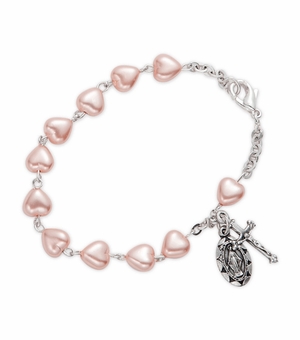 5-1/2 Inch Heart Shaped Pink Pearl Beads Bracelet with Miraculous and Crucifix Charms