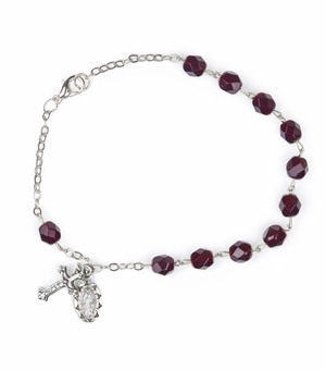 7-1/2 Inch January Rosary Bracelet with Sterling Silver Miraculous Medal and Crucifix Charms