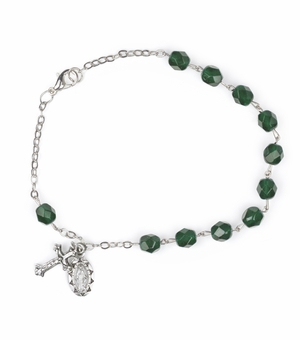 7-1/2 Inch May Rosary Bracelet with Sterling Silver Miraculous Medal and Crucifix Charms