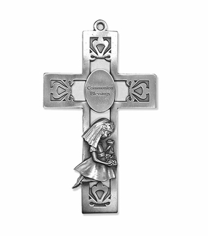 5-1/2 Inch Pierced Pewter First Communion Girl Wall Cross