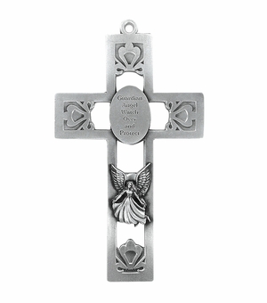5-1/2 Inch Pierced Pewter Guardian Angel Wall Cross