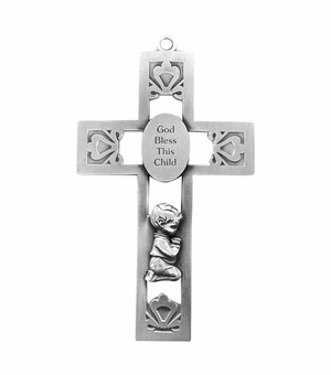5-1/2 Inch Pierced Pewter Praying Boy Wall Cross