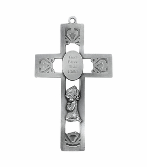 5-1/2 Inch Pierced Pewter Praying Girl Wall Cross