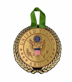 5-1/4 Inch Gold Wreath Christmas Ornament with 4 Inch Round Raised and Color Printed United States Army Symbol Insert