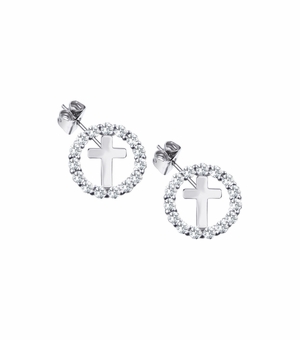 5/16 Inch Sterling Silver Circle Cross Earrings with Cubic Zirconia Stones