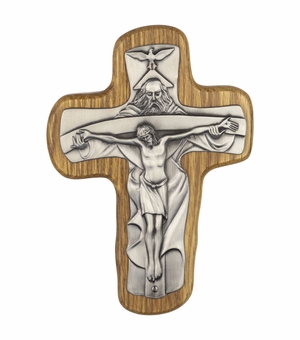5-3/4 Inch Oak Wood and Metal Trinity Wall Crucifix