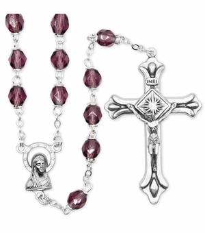 5.5mm Amethyst Fire Crystal Bead Rosary with Crucifix and Madonna Center