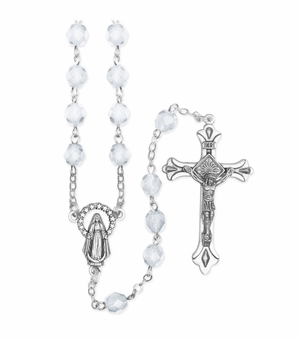 5.5mm April Diamond/Clear Beads Rosary with Crucifix and Madonna Center