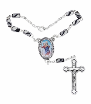 5.5mm Black Square Hematite Beads Auto Rosary with Crucifix and St. Christopher Center