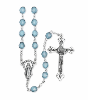 5.5mm December Blue Zircon Beads Rosary with Crucifix and Madonna Center