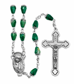 5.5mm Green Crystal Glass Tear Drop Beads Rosary with Crucifix and Madonna Center