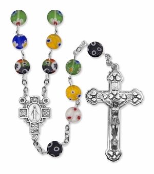 5.5mm Hand Painted Murano Glass Beads Rosary with Crucifix and Miraculous Center