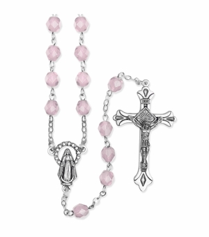 5.5mm October Rose Zircon Beads Rosary with Crucifix and Madonna Center