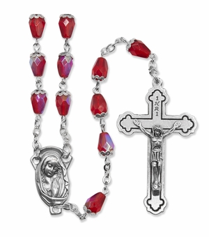 5.5mm Red Crystal Glass Tear Drop Beads Rosary with Crucifix and Madonna Center