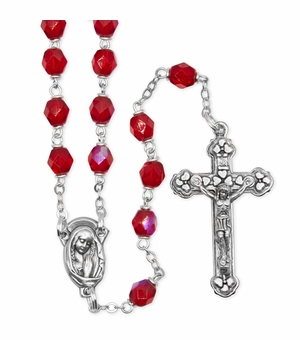 5.5mm Red Fire Bead Rosary with Crucifix and Madonna Center