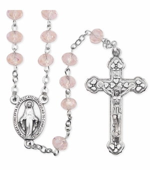 5.5mm Rose Crystal Cut Glass Beads Rosary with Crucifix and Miraculous Center