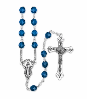 5.5mm September Sapphire Beads Rosary with Crucifix and Madonna Center