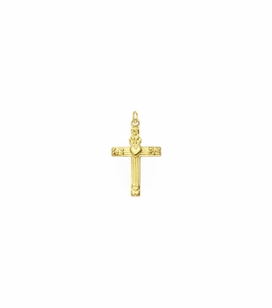 5/8 Inch 14KT Gold Centered Heart with Flowered Ends Cross Pendant