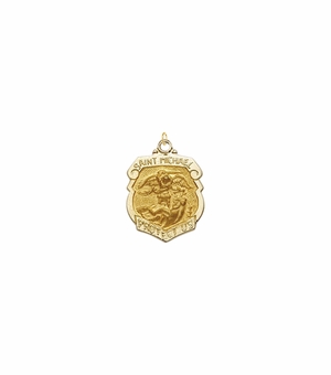 5/8 Inch 14KT Gold Shield St. Michael Medal, Patron Saint of Police Officers