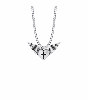 5/8 Inch Pewter Heart with Cross and Angel Wings Necklace